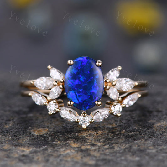 Natural Blue Opal Engagement Ring Set Women Stacking Matching Band Moissanite Eternity Ring Unique Vintage Floral Design Promise Gift to her