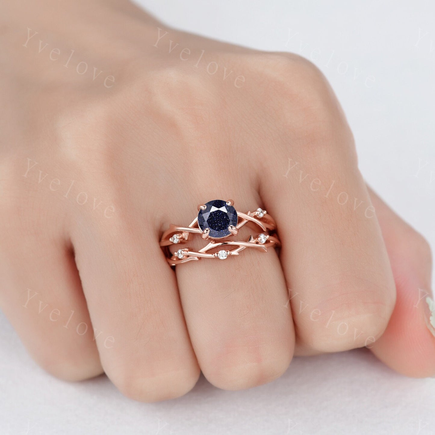 Twig Blue Sandstone Engagement Ring Set,sandstone engagement ring set,14k rose gold,Galaxy vintage unique engagement ring set gift for women