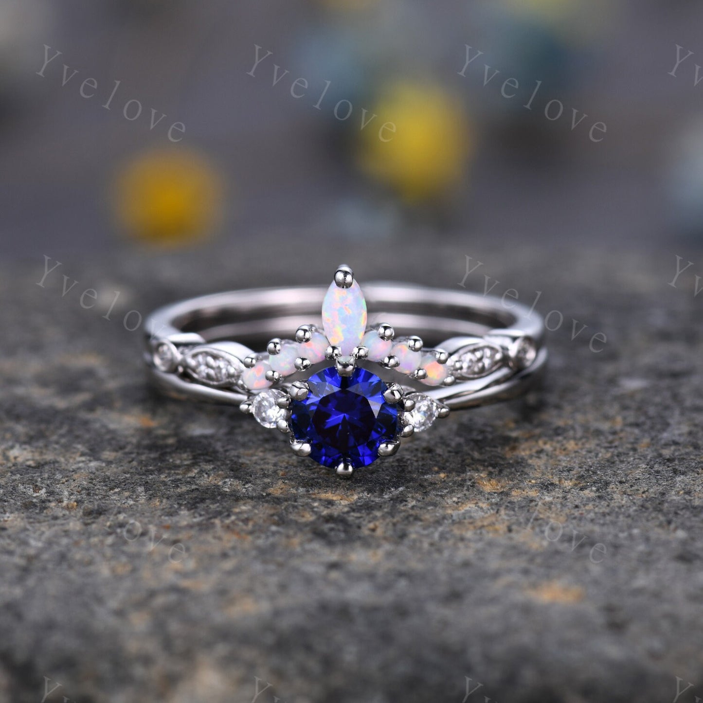 Blue sapphire ring set diamond engagement ring white gold eternity opal curved stacking matching band promise jewelry September birthstone