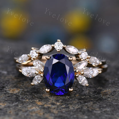 Blue Sapphire Ring Oval Sapphire Engagement Ring Yellow Gold Women Moissanite Sapphire Wedding Ring Set Art Deco Stacking Bridal Set 14k