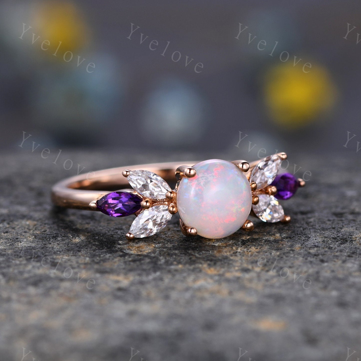 6mm Round Cut White Opal Ring,Vintage Natural Australia Opal Engagement Ring,14k Gold,Marquise Moissanite Amethyst Wedding Ring,Gift for her