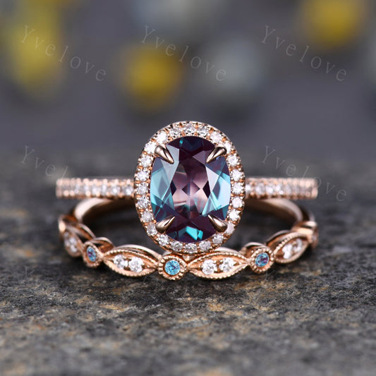 2PC Vintage Oval Cut Alexandrite Engagement Ring Set Halo Moissanite Ring Set Art Deco Bridal Wedding Ring Set Rose Gold Ring Set For Women