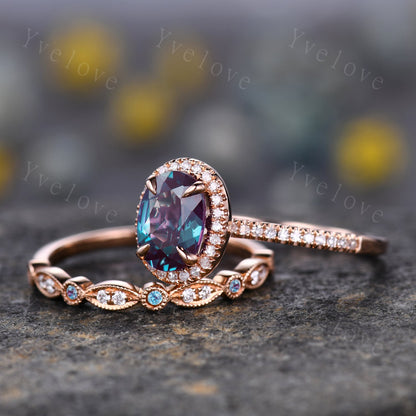 2PC Vintage Oval Cut Alexandrite Engagement Ring Set Halo Moissanite Ring Set Art Deco Bridal Wedding Ring Set Rose Gold Ring Set For Women