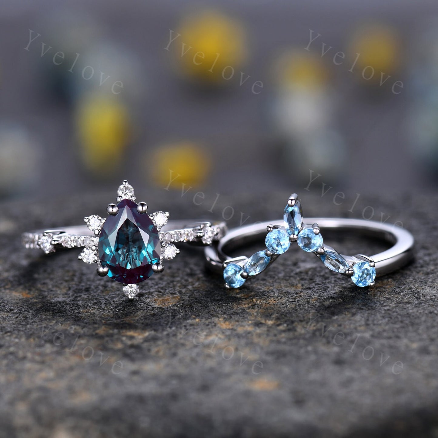 Vintage Alexandrite Engagement Ring Set,Pear Cut Gem,Bridal Set,Curved Blue Topaz Stacking Band,14k White Gold Ring,Promise Ring Gift,Silver