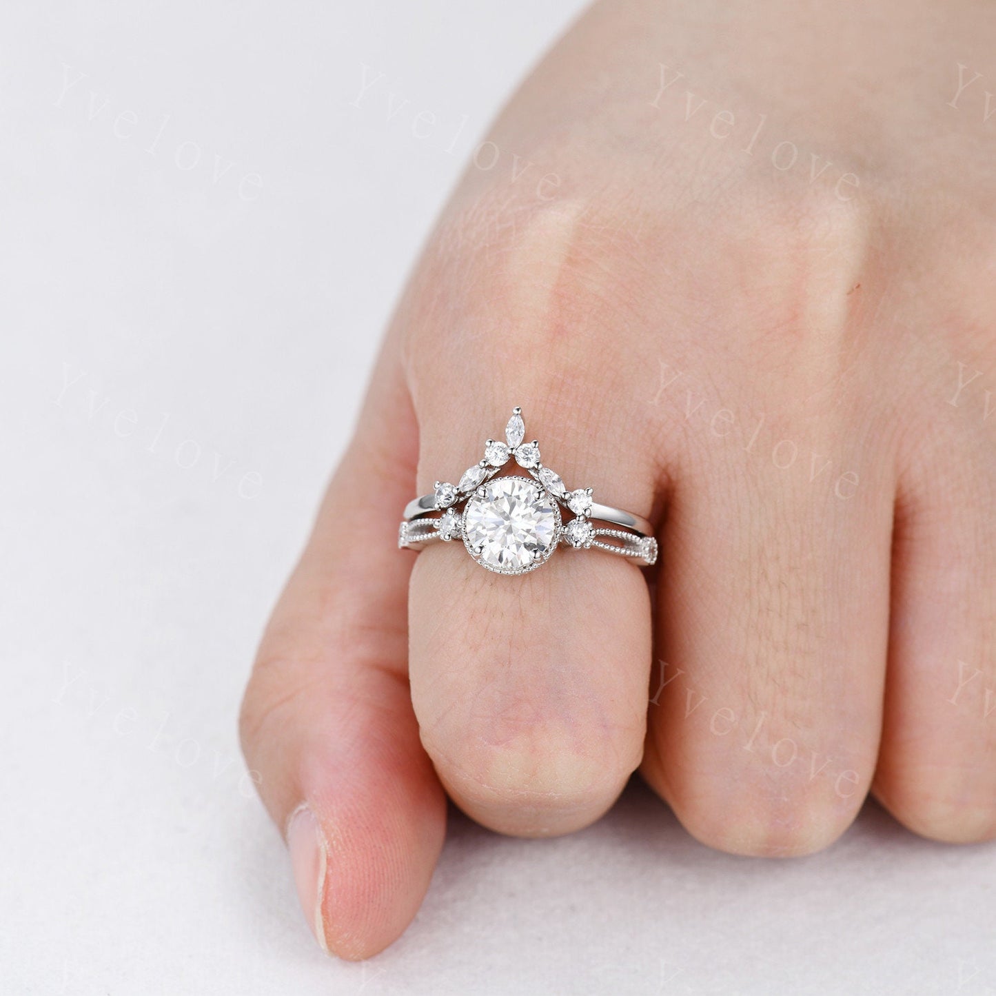 1.2ct Round Cut Moissanite Diamond Wedding Ring Set,14K White Gold Moissanite Bridal Ring Set,Art Deco Moissanite Engagement Ring Set,Custom