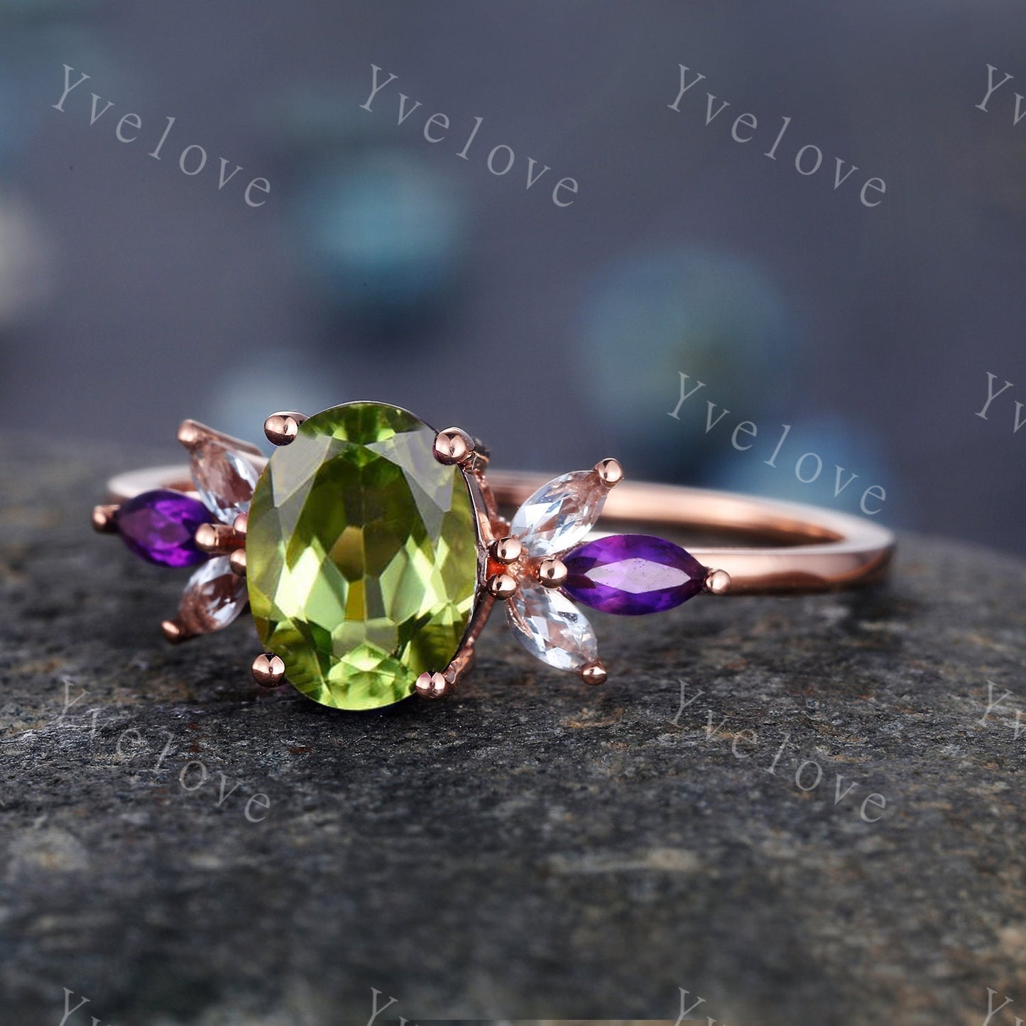 Peridot ring, rose gold engagement ring, oval peridot engagement ring, amethyst moissanite matching band, eternity stacking band, bridal set