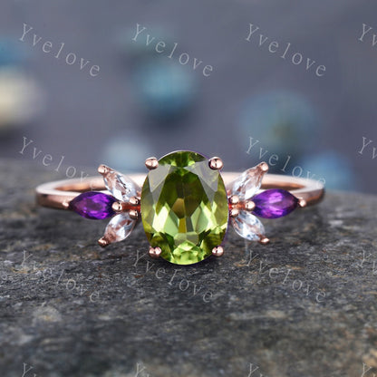 Peridot ring, rose gold engagement ring, oval peridot engagement ring, amethyst moissanite matching band, eternity stacking band, bridal set