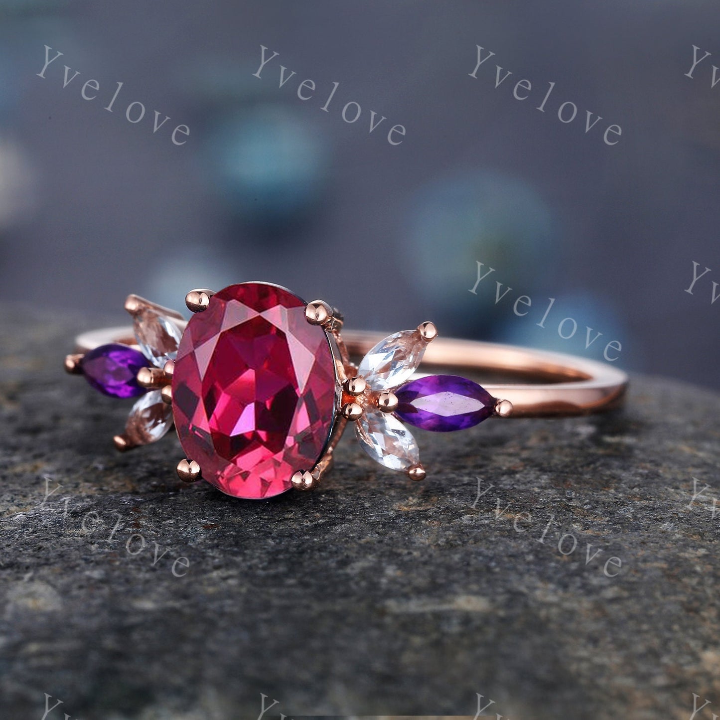 Vintage Ruby Engagement Ring Set 14k Rose Gold Women Moissanite Amethyst Gem Matching Band Promise Bridal Stacking Ring Set Gift for her