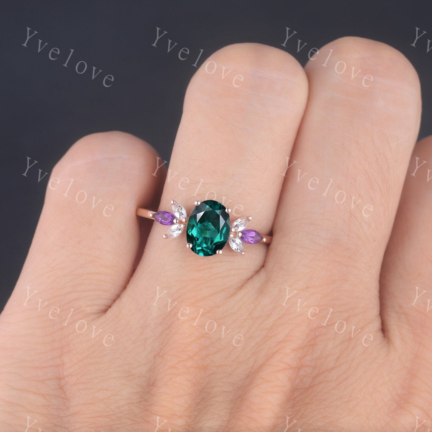 Vintage Emerald Engagement Ring Set 14k Rose Gold Women Moissanite Amethyst Gem Matching Band Promise Bridal Stacking Ring Set Gift for her