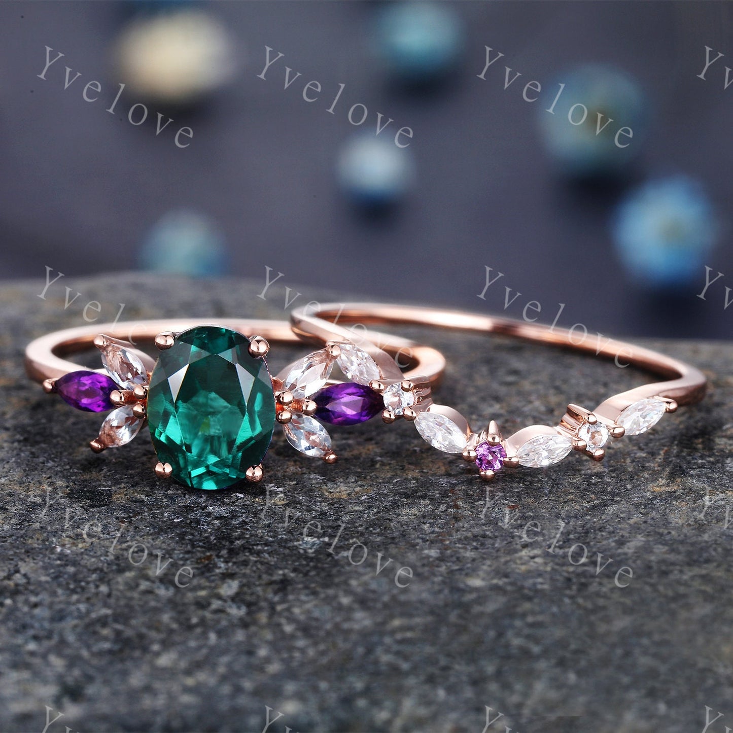 Vintage Emerald Engagement Ring Set 14k Rose Gold Women Moissanite Amethyst Gem Matching Band Promise Bridal Stacking Ring Set Gift for her