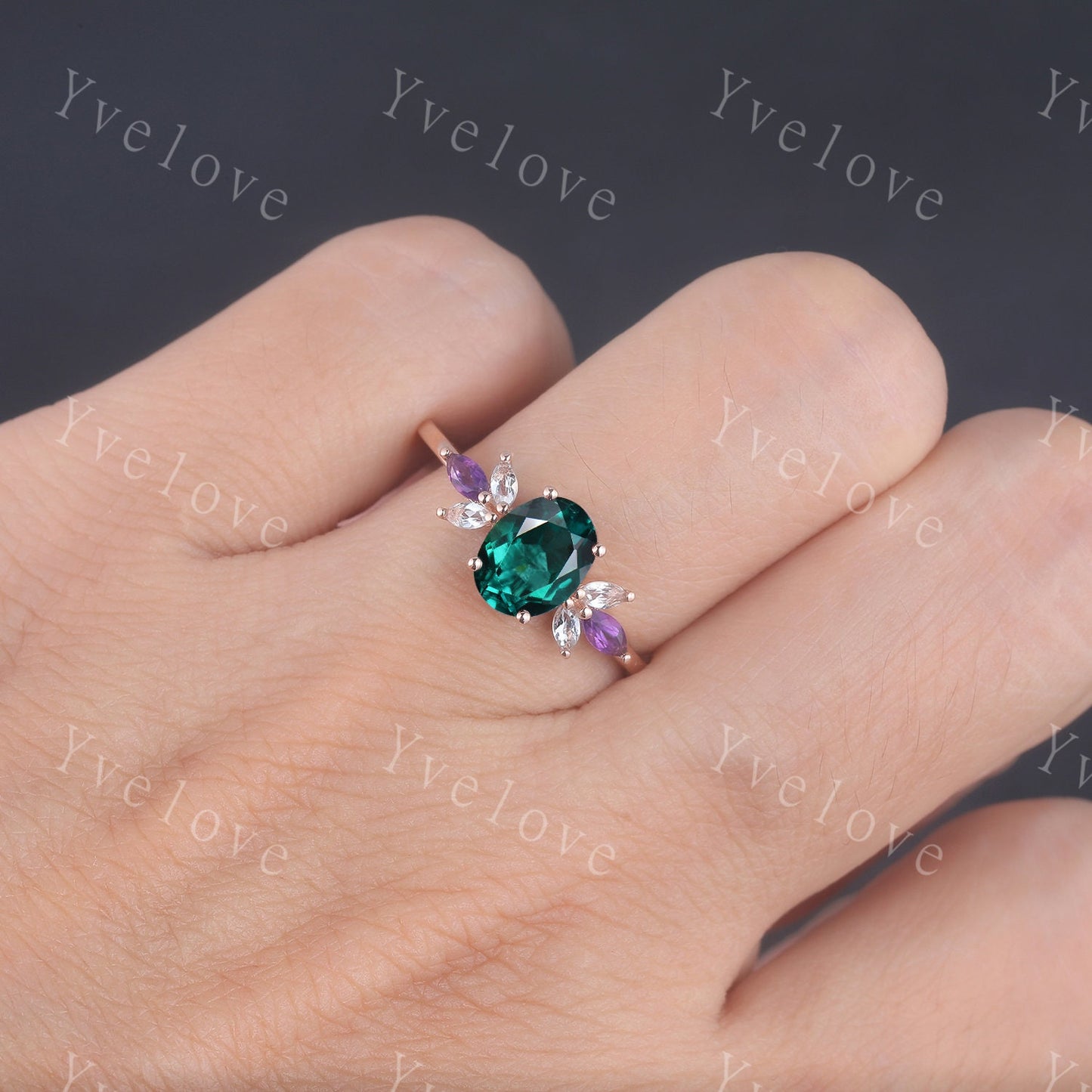 Vintage Emerald Engagement Ring Set 14k Rose Gold Women Moissanite Amethyst Gem Matching Band Promise Bridal Stacking Ring Set Gift for her