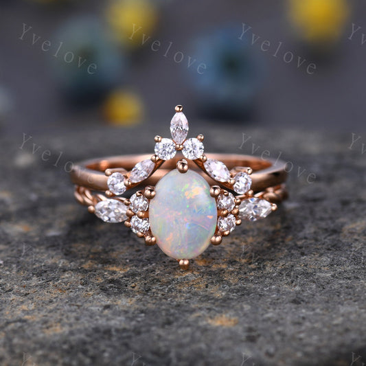 Vintage white opal Engagement Ring set,oval cut natural opal ring,twisted band,bridal ring set,V shaped curved band,moissanite ring wedding