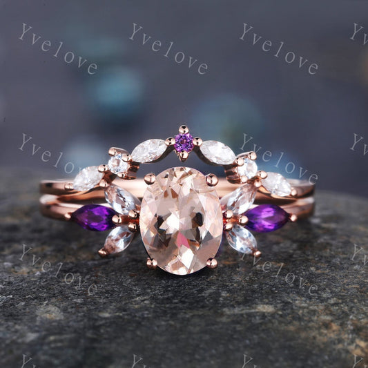 Vintage Morganite Engagement Ring Set Rose Gold Women Moissanite Amethyst Gem Matching Band Bridal Stacking Ring Set Valentines day gift