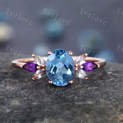 Oval blue topaz engagement ring set topaz wedding ring moissanite matching band November birthstone Valentines day gift for her handmade