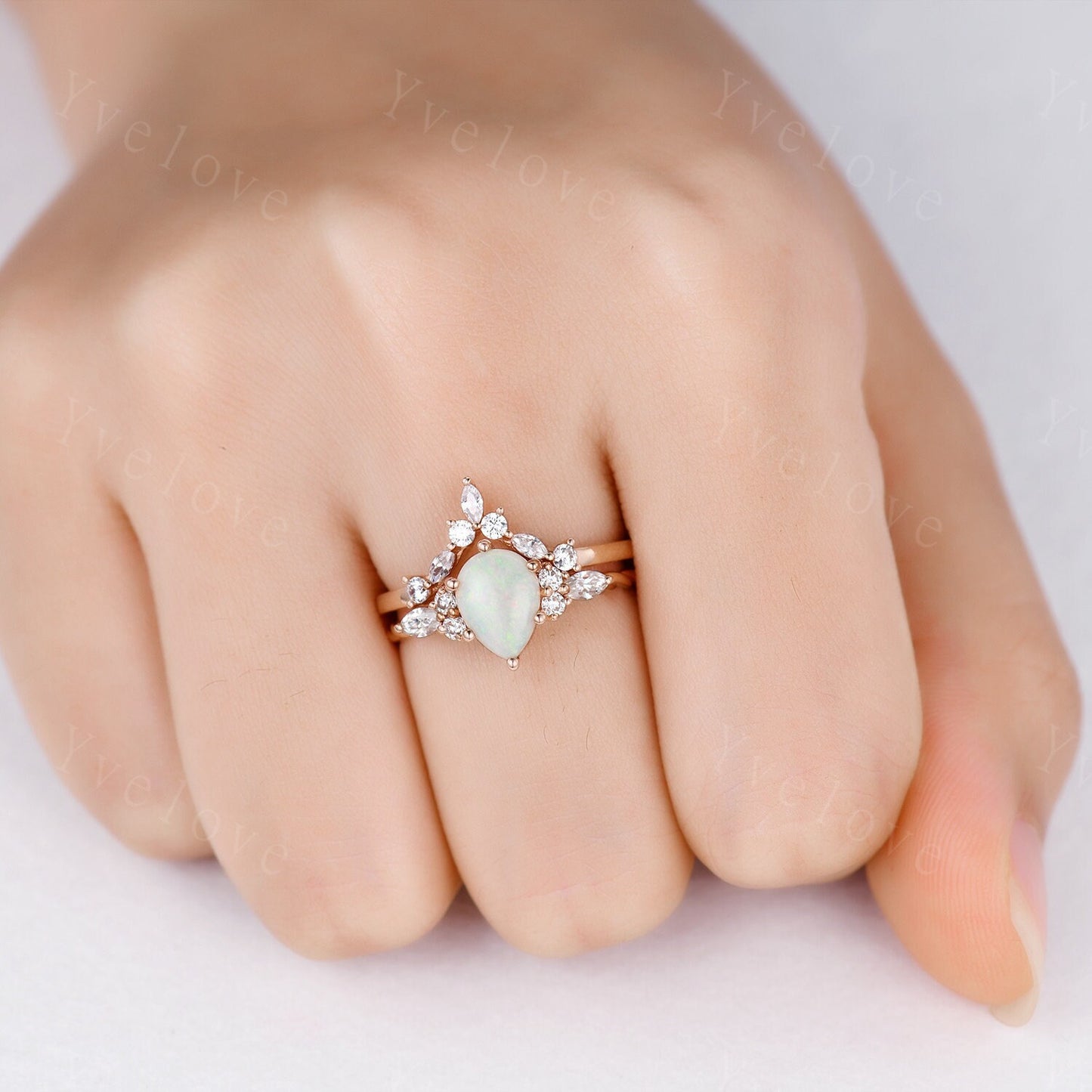 Natural pear opal ring,Vintage white fire opal Engagement Ring set,Twisted ring,Bridal ring set,V shaped curved band,Moissanite ring,Custom