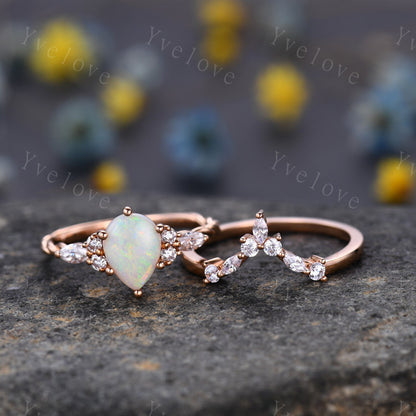 Natural pear opal ring,Vintage white fire opal Engagement Ring set,Twisted ring,Bridal ring set,V shaped curved band,Moissanite ring,Custom