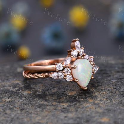 Natural pear opal ring,Vintage white fire opal Engagement Ring set,Twisted ring,Bridal ring set,V shaped curved band,Moissanite ring,Custom