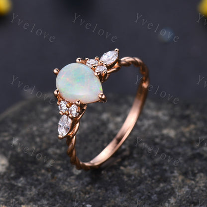 Natural Opal Engagement Ring rose gold,Pear shaped ring,Prong set Moissanite Diamond ring,Twisted Ring women,Anniversary promise ring