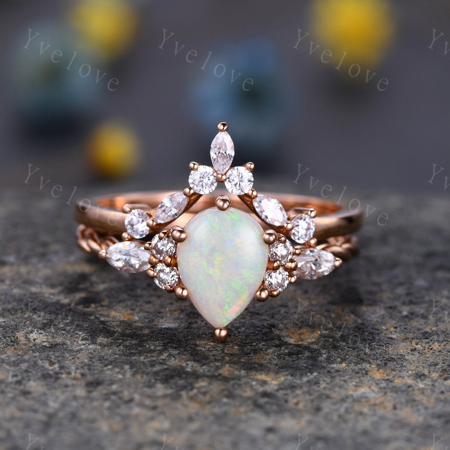 Natural Opal Engagement Ring rose gold,Pear shaped ring,Prong set Moissanite Diamond ring,Twisted Ring women,Anniversary promise ring