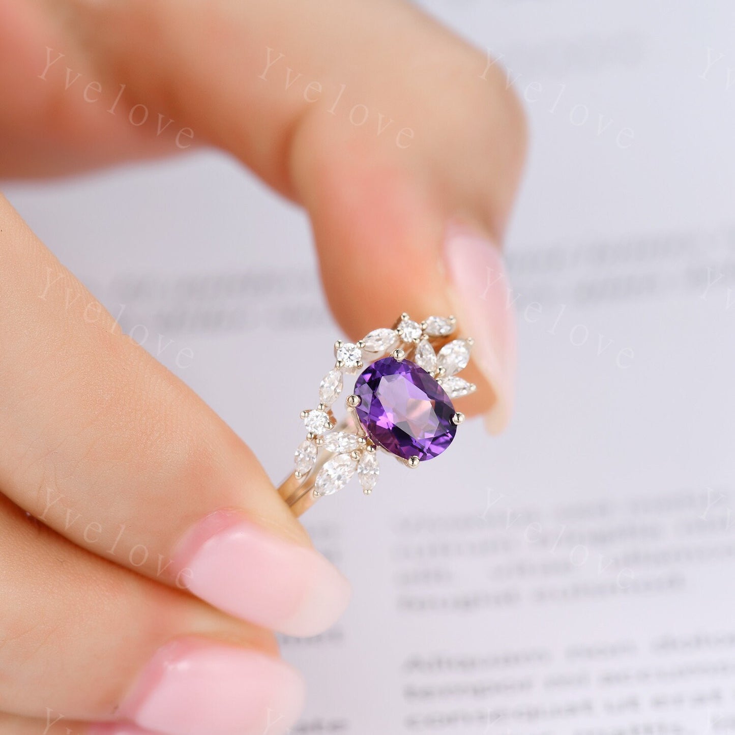 Amethyst ring set yellow gold amethyst engagement ring women promise ring oval cut amethyst moissanite stacking band Valentine's crown ring