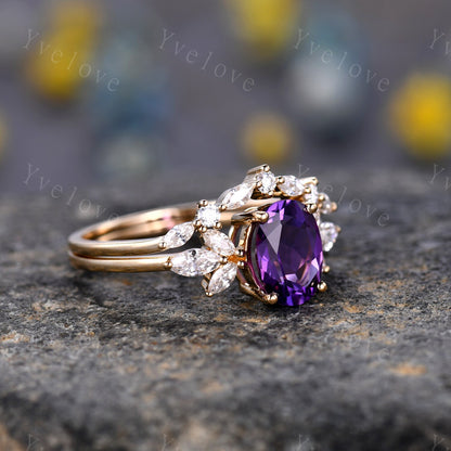 Amethyst ring set yellow gold amethyst engagement ring women promise ring oval cut amethyst moissanite stacking band Valentine's crown ring