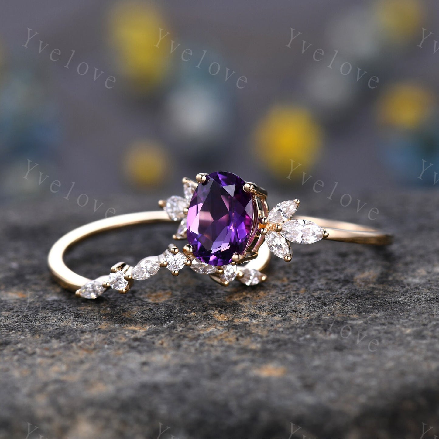 Amethyst ring set yellow gold amethyst engagement ring women promise ring oval cut amethyst moissanite stacking band Valentine's crown ring