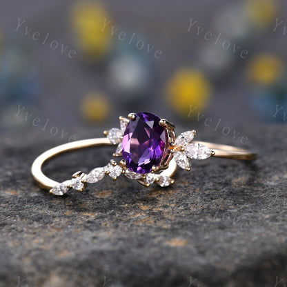 Amethyst ring set yellow gold amethyst engagement ring women promise ring oval cut amethyst moissanite stacking band Valentine's crown ring