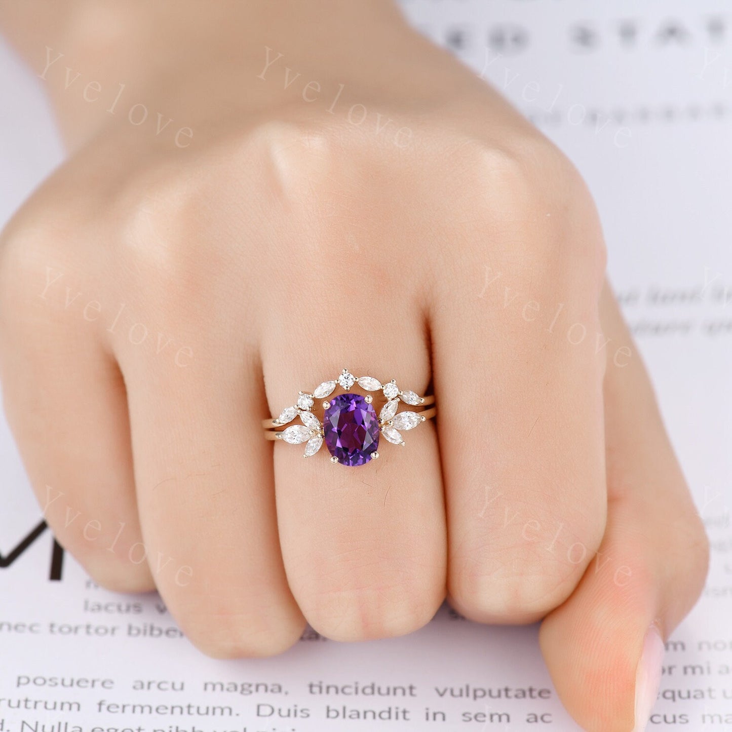 Amethyst ring set yellow gold amethyst engagement ring women promise ring oval cut amethyst moissanite stacking band Valentine's crown ring