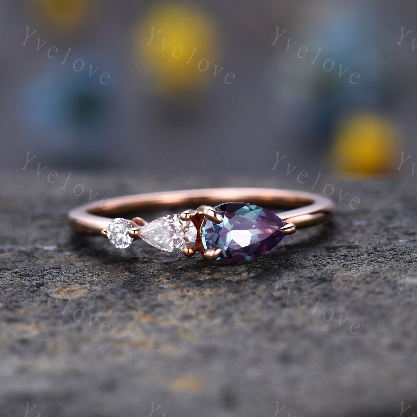 Vintage Alexandrite Engagement Ring,14K White Gold,Pear Cut Gems,Art Deco Moissanite Wedding Band,3 Stone Unique Women Bridal Promise Ring