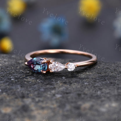 Vintage Alexandrite Engagement Ring,Pear Cut Gems,Art Deco Moissanite Wedding Band,3 Stone Unique Women Bridal Promise Ring,Sterling Silver