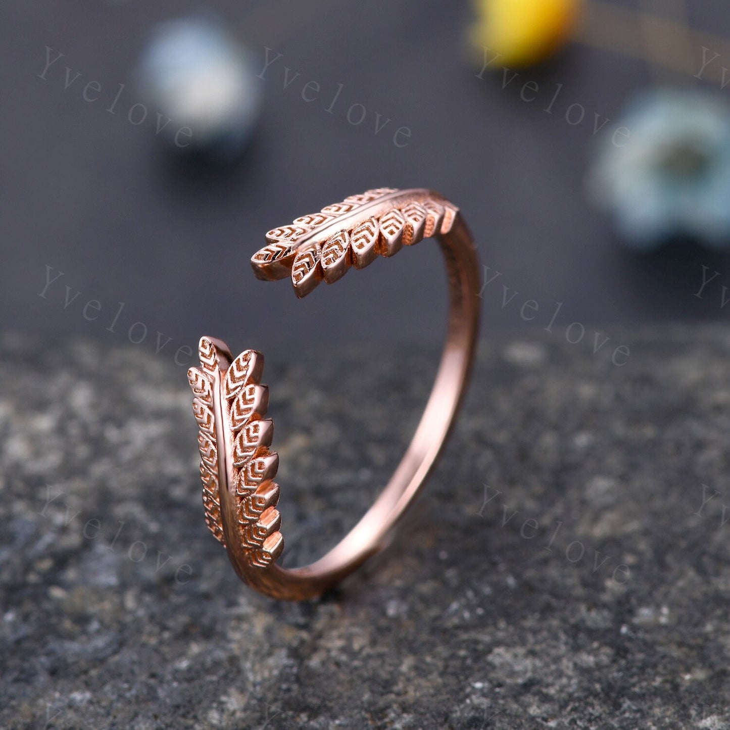Vintage Leaf Engagement Ring Open Ring Feather Wedding Band 14K Solid Gold Minimalist Stacking Matching Ring Wedding Gift For Her Customized
