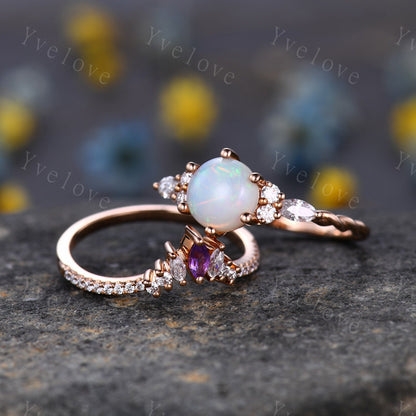 Natural opal ring,Retro white opal Engagement Ring set,Round Opal,Bridal ring set,Marquise Amethyst Moissanite Band,Art Deco Ring,Customized