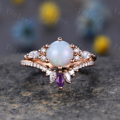 Natural opal ring,Retro white opal Engagement Ring set,Round Opal,Bridal ring set,Marquise Amethyst Moissanite Band,Art Deco Ring,Customized