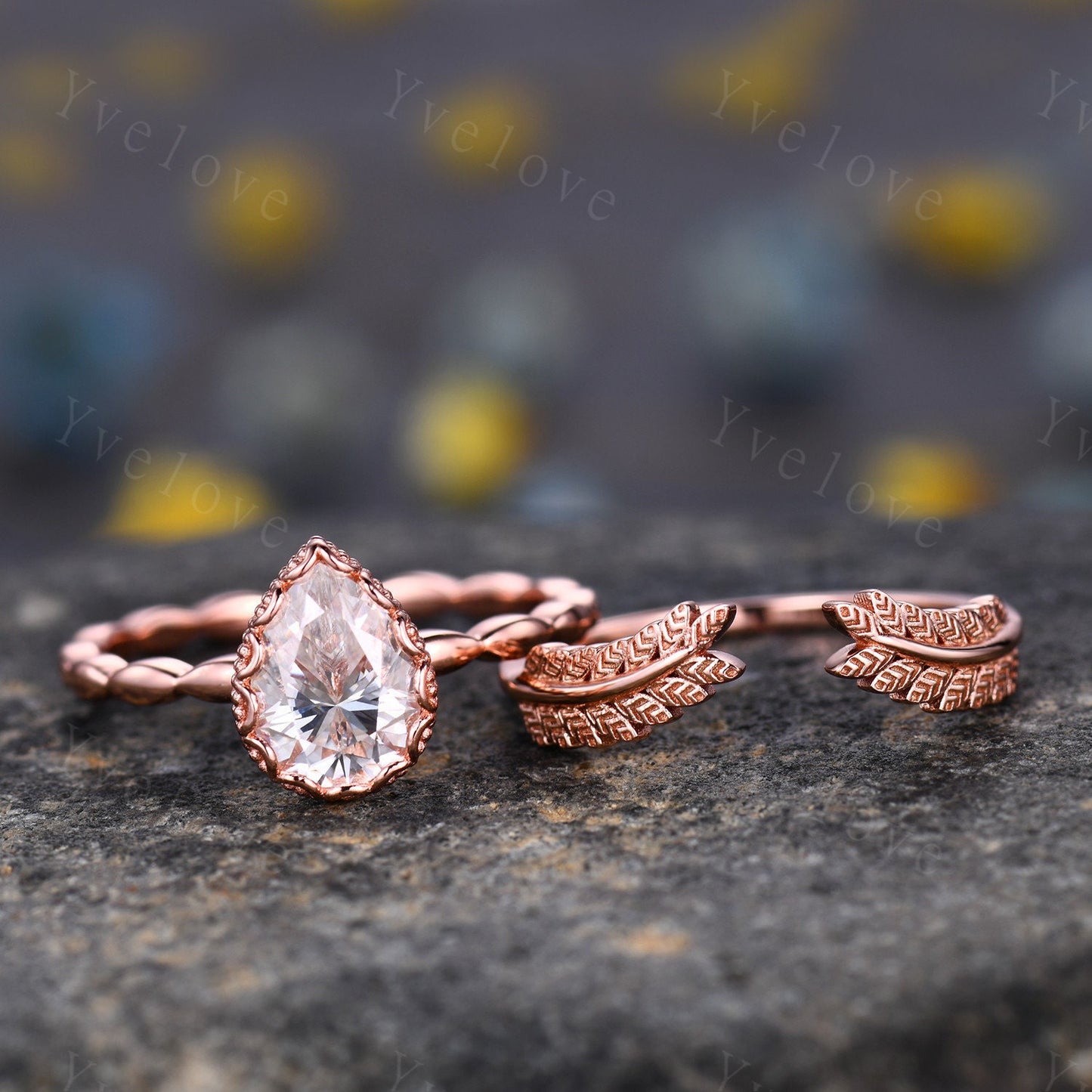 Vintage Oval Cut Moissanite Engagement Ring Set Unique Leaf Twisted Design Ring Art Deco 14K Rose Gold Oval Moissanite Bridal Set Customized