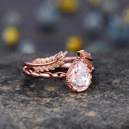 Vintage Oval Cut Moissanite Engagement Ring Set Unique Leaf Twisted Design Ring Art Deco 14K Rose Gold Oval Moissanite Bridal Set Customized