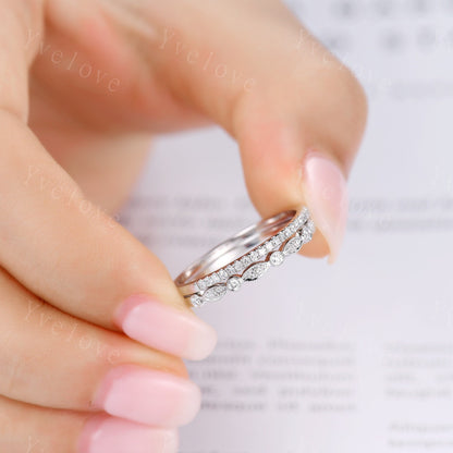 Diamond wedding ring set diamond wedding band solid 14k white gold half eternity ring milgrain wedding band stacking matching band
