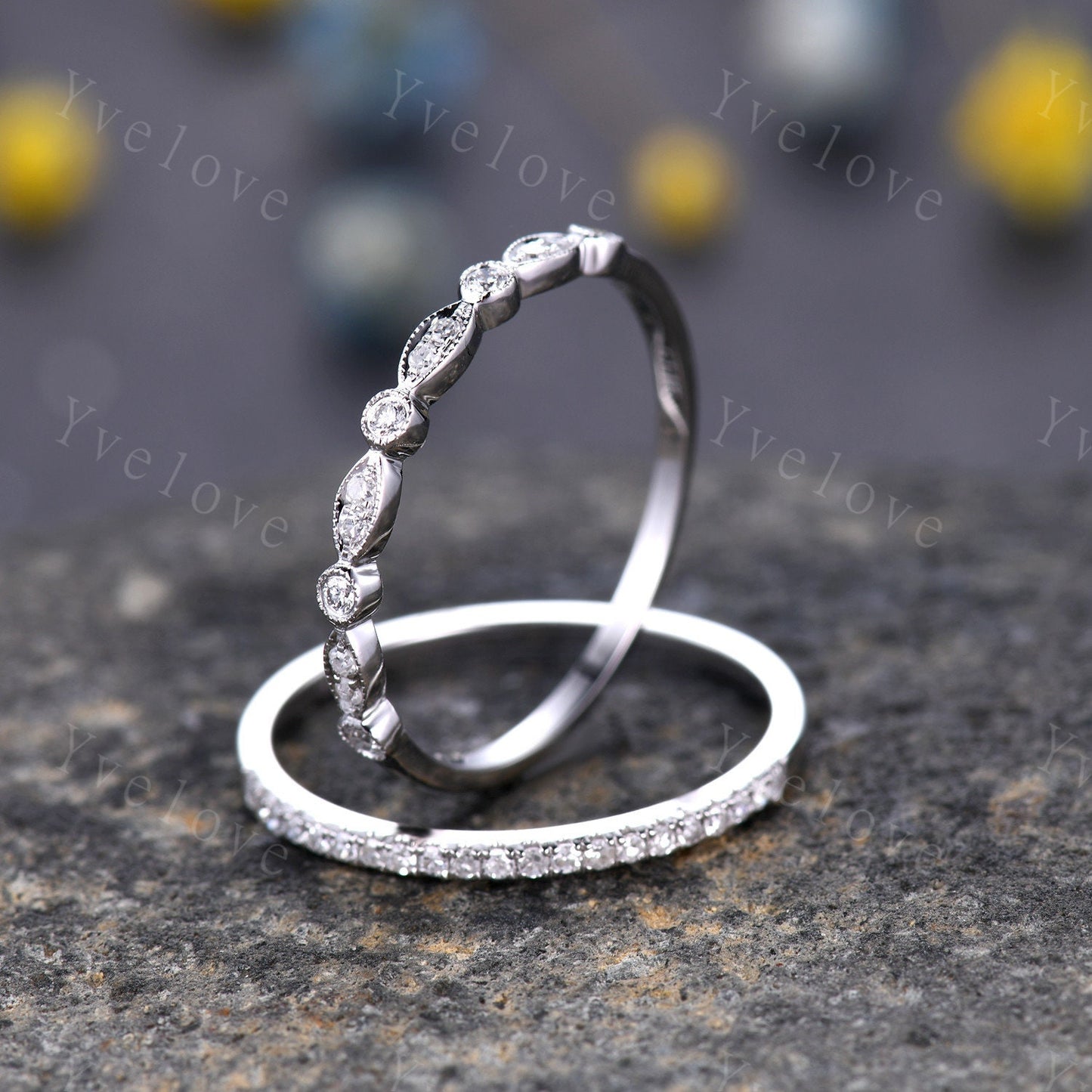 Diamond wedding ring set diamond wedding band solid 14k white gold half eternity ring milgrain wedding band stacking matching band