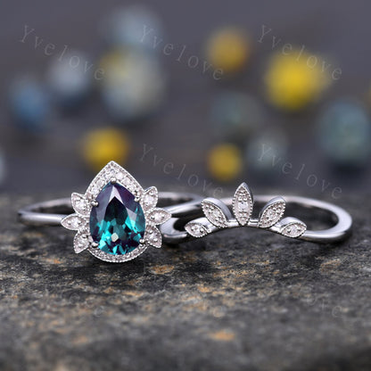 Alexandrite Engagement Ring Set White Gold Ring Set Pear Cut Alexandrite Antique Art Deco Diamond Stacking Matching Band Wedding Ring Gift