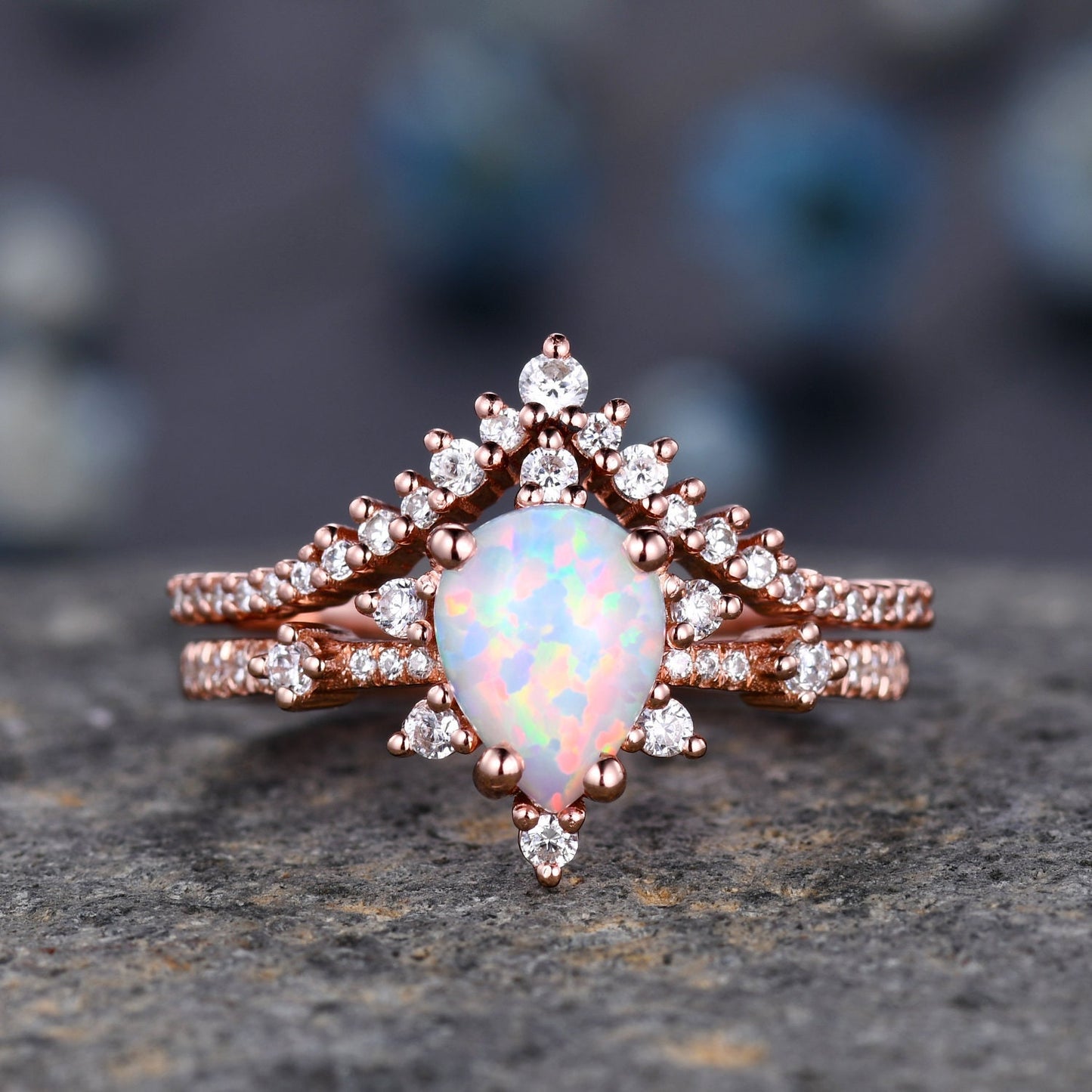 Natural Opal Ring,Pear Opal Engagement Ring , Vintage Opal Bridal Ring,Rose Gold Opal Wedding Ring , Art Deco Moissanite Unique Promise Ring