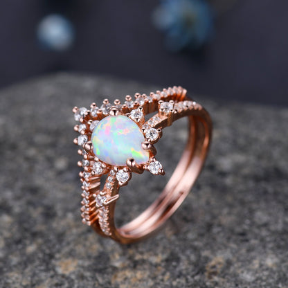 Natural Opal Ring,Pear Opal Engagement Ring , Vintage Opal Bridal Ring,Rose Gold Opal Wedding Ring , Art Deco Moissanite Unique Promise Ring