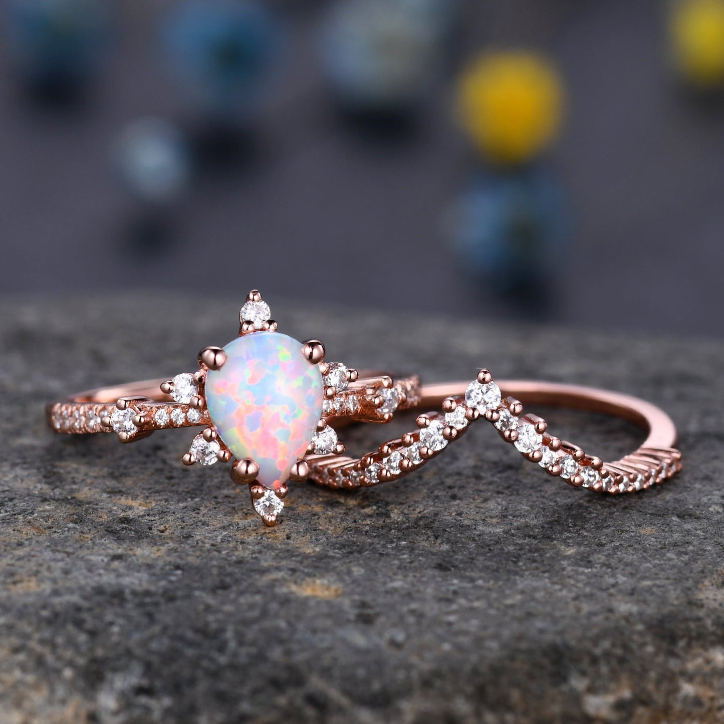 Natural Opal Ring,Pear Opal Engagement Ring , Vintage Opal Bridal Ring,Rose Gold Opal Wedding Ring , Art Deco Moissanite Unique Promise Ring