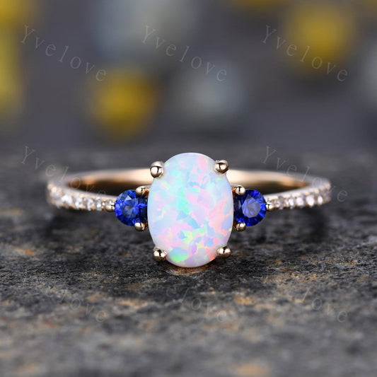 Danity Opal Engagement Ring Set Blue Sapphire Diamond Matching Band Women Bridal Wedding Ring Set Yellow Gold Anniversary Promise Jewelry