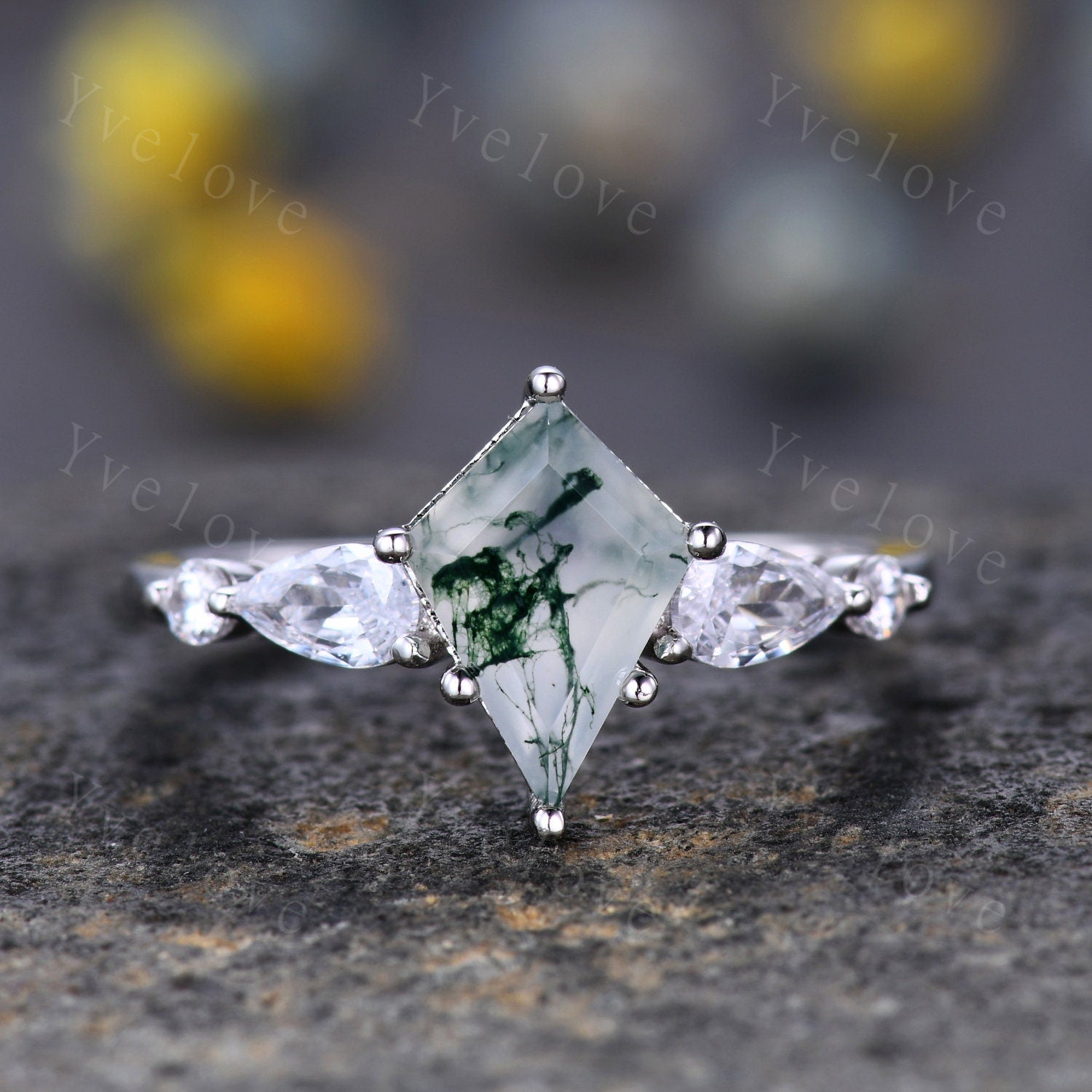 Retro Kite Green Moss Agate Ring,Sterling Silver Ring Set,Agate