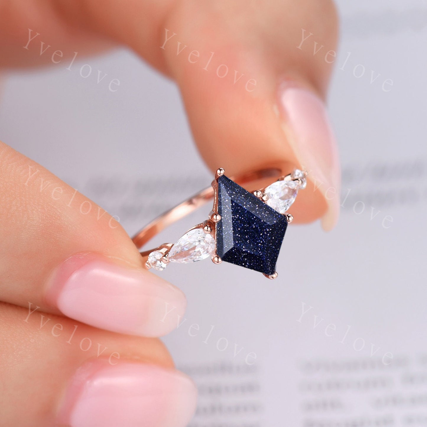 Unique Kite Cut Blue Sandstone Engagement Ring Set Vintage Marquise Cut Moissanite Anniversary Wedding Ring Set For Women,14k Rose Gold Ring