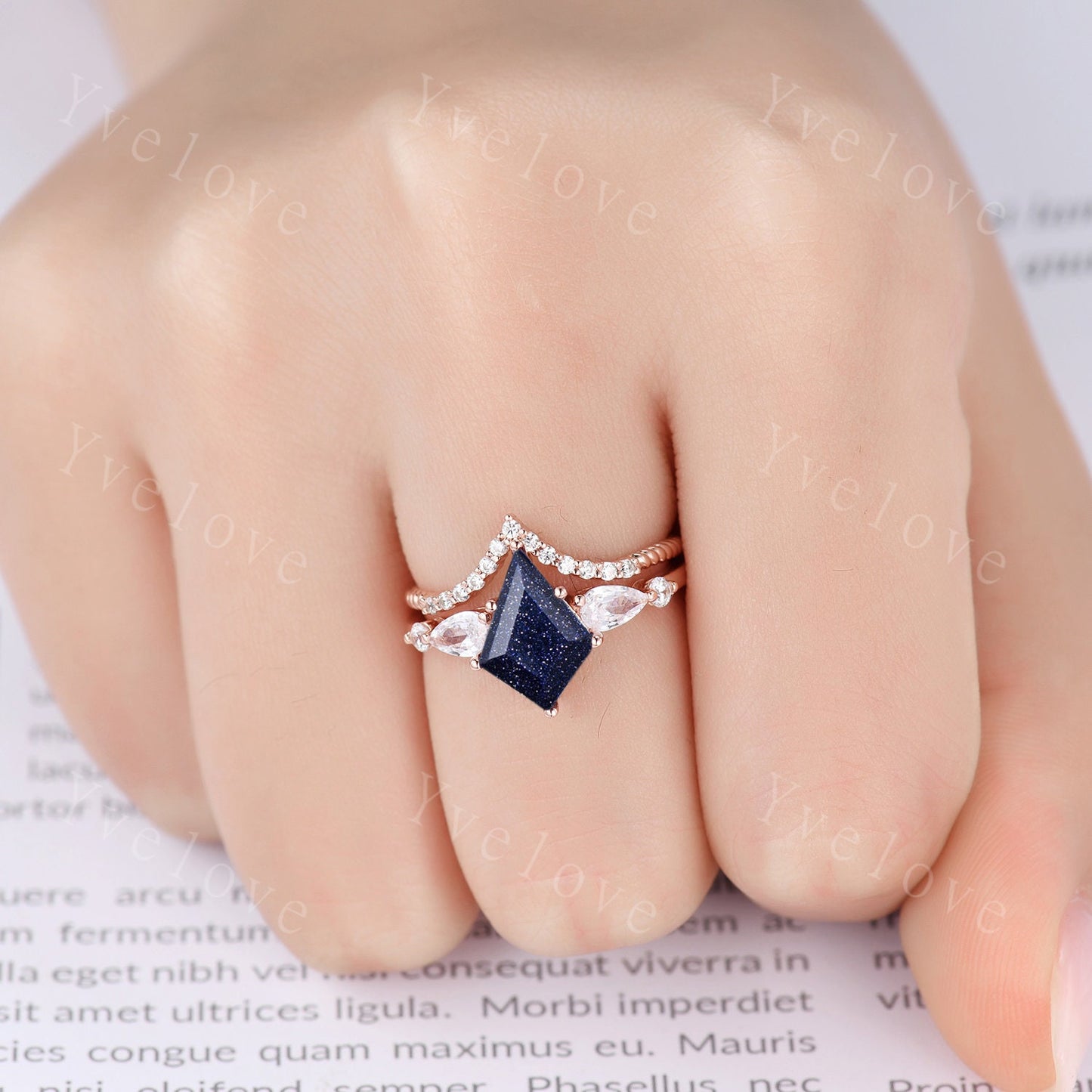 Unique Kite Cut Blue Sandstone Engagement Ring Set Vintage Marquise Cut Moissanite Anniversary Wedding Ring Set For Women,14k Rose Gold Ring