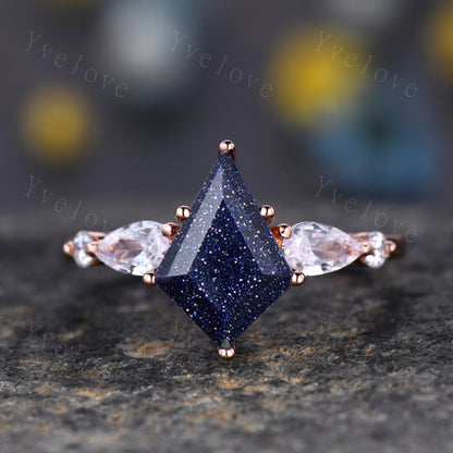 Unique Kite Cut Blue Sandstone Engagement Ring Set Vintage Marquise Cut Moissanite Anniversary Wedding Ring Set For Women,14k Rose Gold Ring