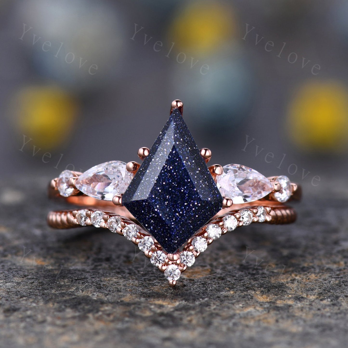 Unique Kite Cut Blue Sandstone Engagement Ring Set Vintage Marquise Cut Moissanite Anniversary Wedding Ring Set For Women,14k Rose Gold Ring