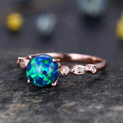 Vintage Black Opal Engagement Ring Set,Art Deco Opal Ring Set, Opal Bridal Set, V Curved Diamond Wedding Band, Round Opal Ring,Promise Ring