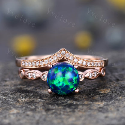 Vintage Black Opal Engagement Ring Set,Art Deco Opal Ring Set, Opal Bridal Set, V Curved Diamond Wedding Band, Round Opal Ring,Promise Ring