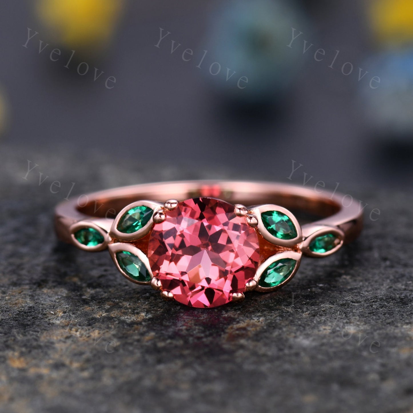 7mm round shape Papalacha sapphire engagement ring,Unique sapphire emerald ring,Marquise emerald,14K rose gold,Promise ring,Anniversary gift